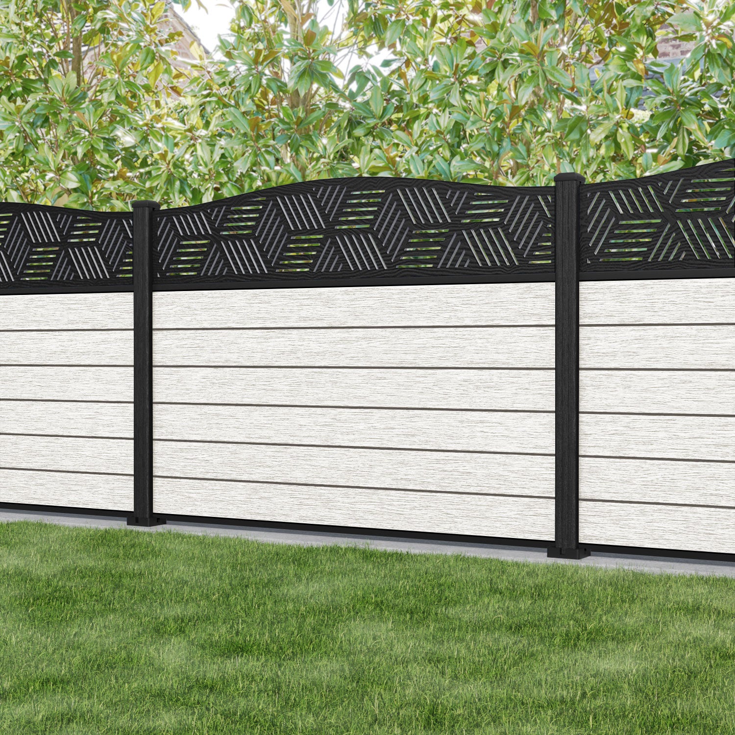 Fusion Cubed Curved Top Fence Panel - Light Stone - with our composite posts