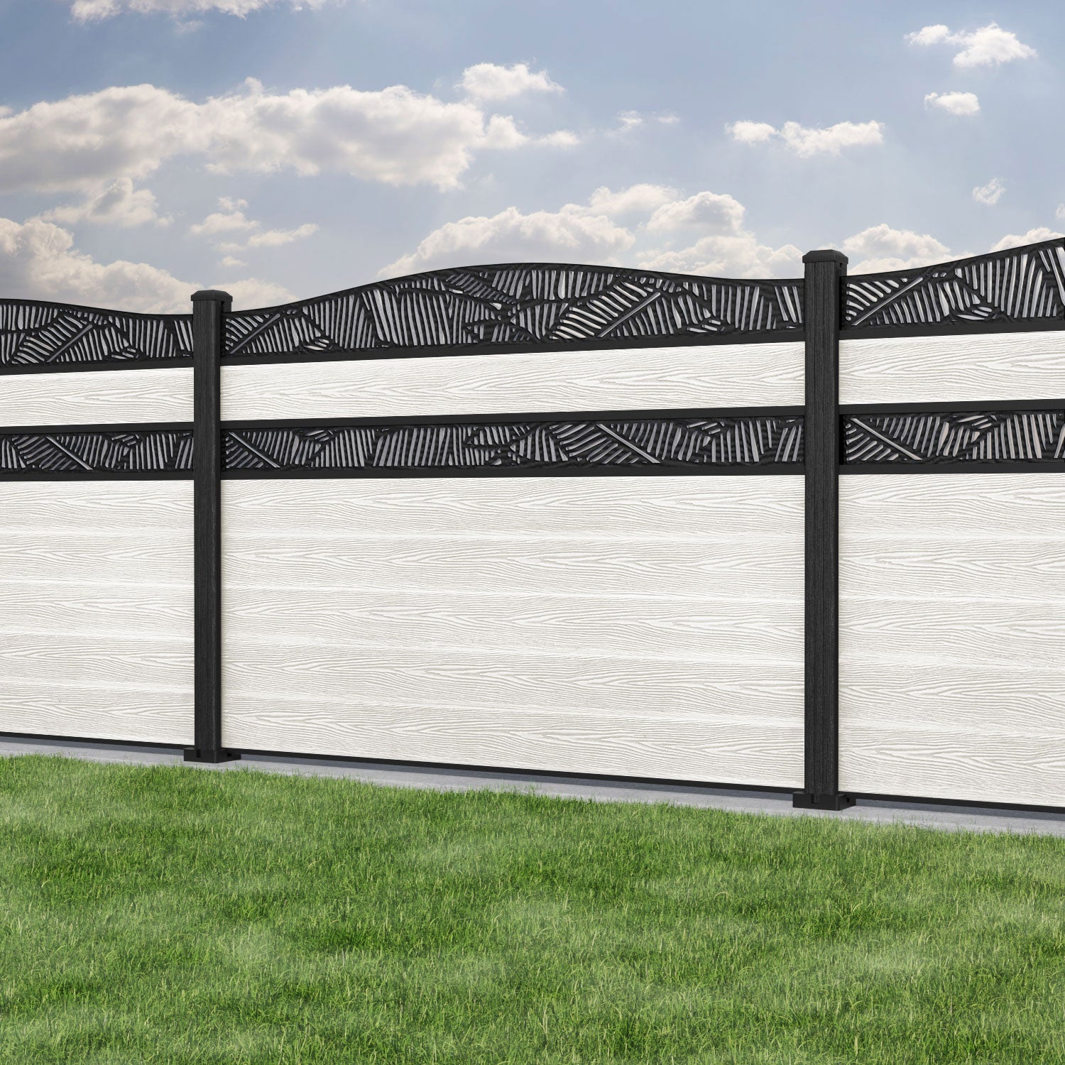 Classic Feather Curved Top Split Screen Fence Panel - Light Stone - with our composite posts