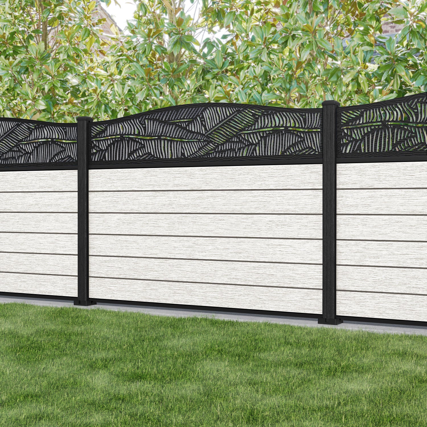 Fusion Feather Curved Top Fence Panel - Light Stone - with our composite posts