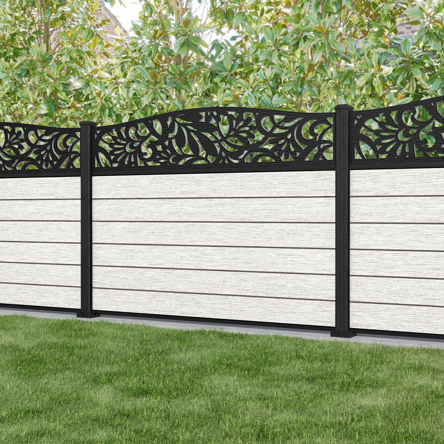 Fusion Heritage Curved Top Fence Panel - Light Stone - with our composite posts