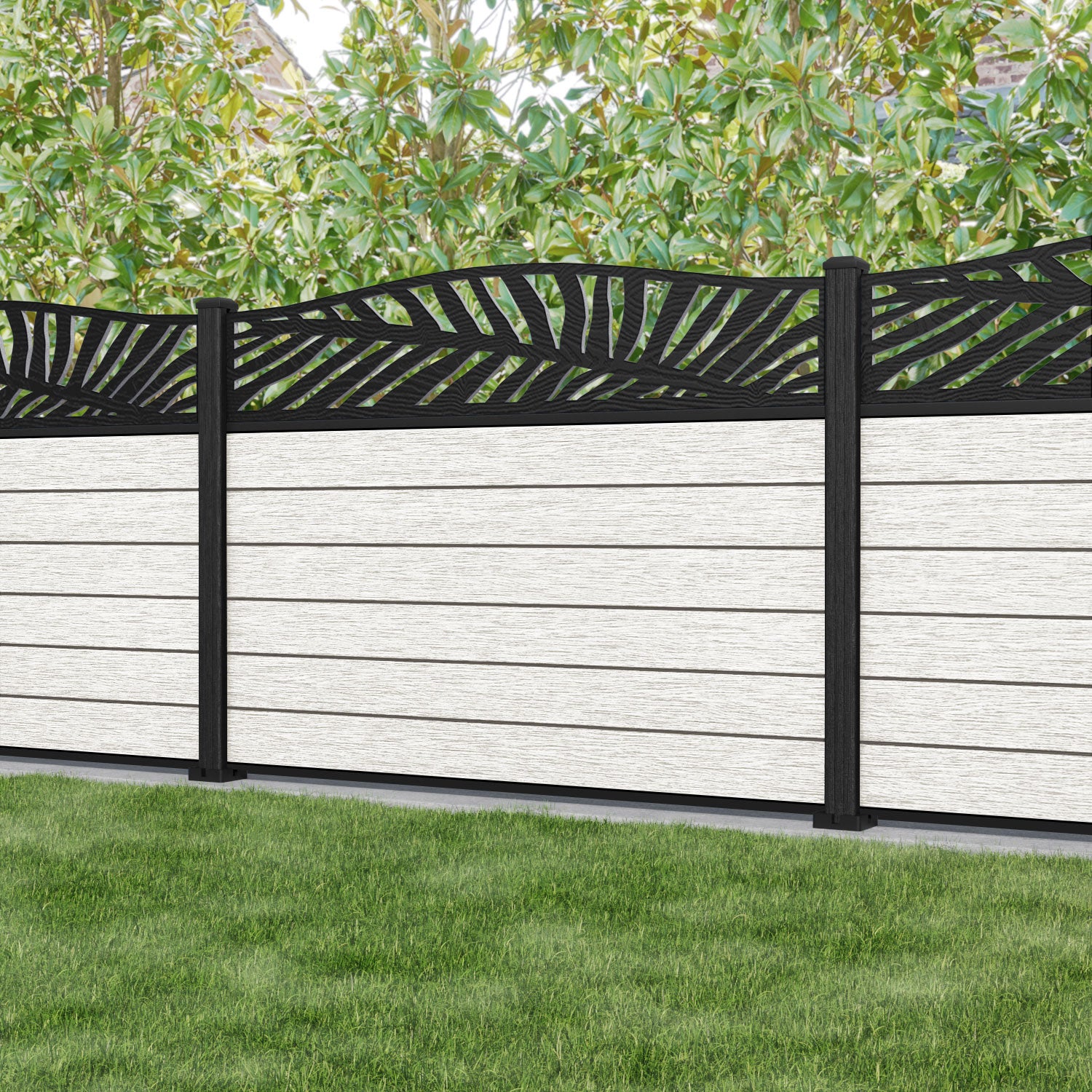 Fusion Palm Curved Top Fence Panel - Light Stone - with our composite posts