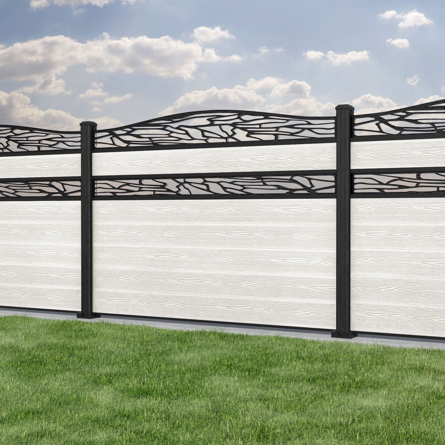 Classic Shatter Curved Top Split Screen Fence Panel - Light Stone - with our composite posts