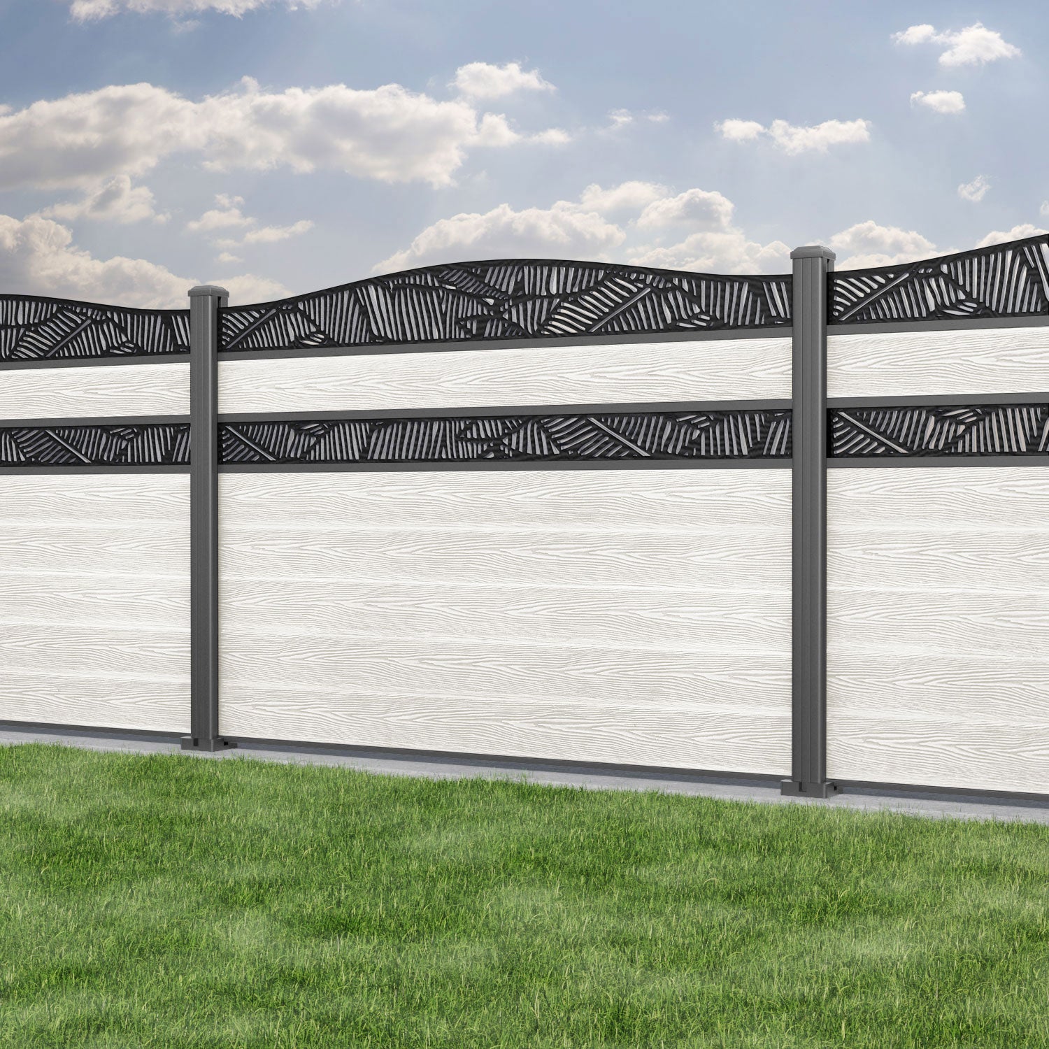 Classic Feather Curved Top Split Screen Fence Panel - Light Stone - with our aluminium posts