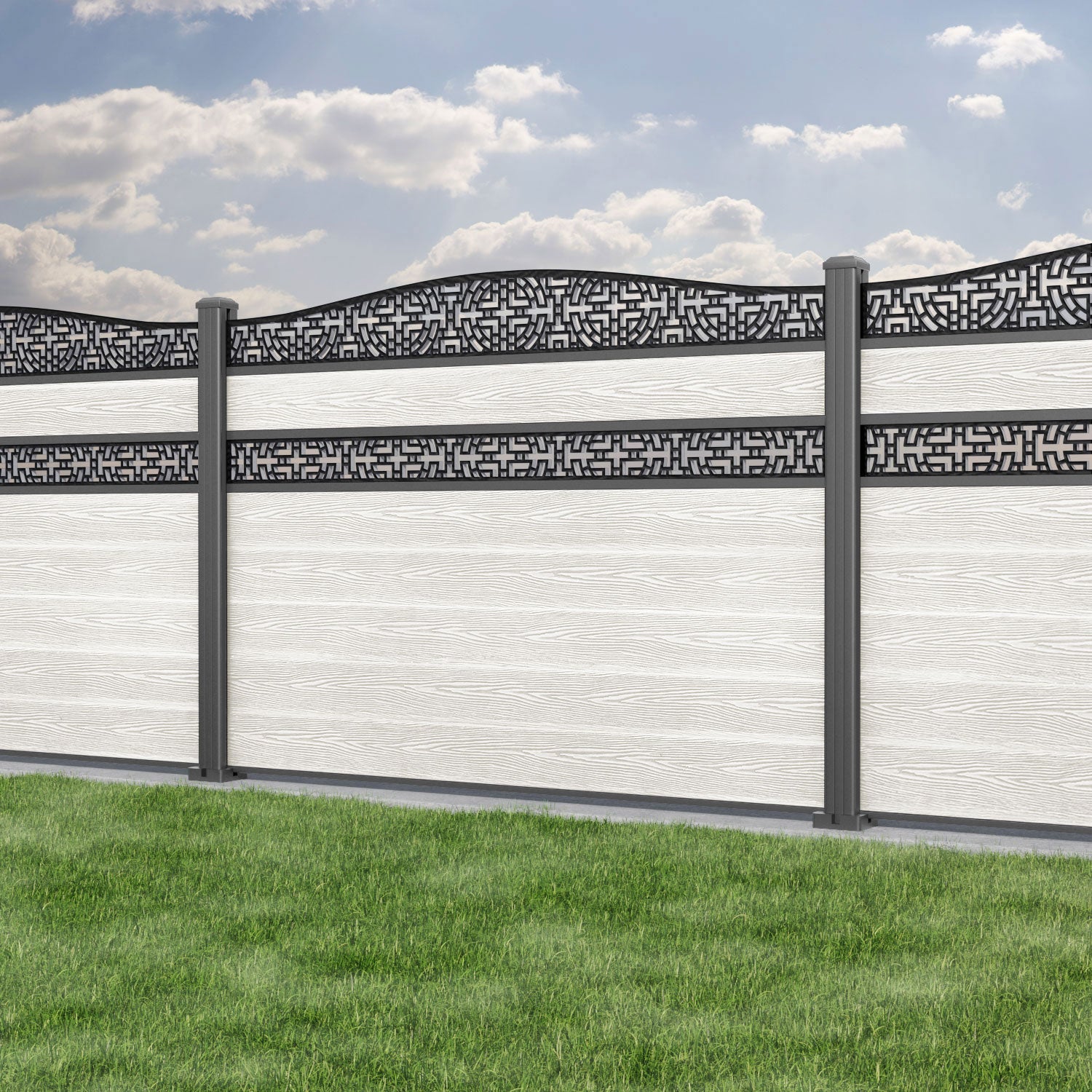 Classic Kumo Curved Top Split Screen Fence Panel - Light Stone - with our aluminium posts