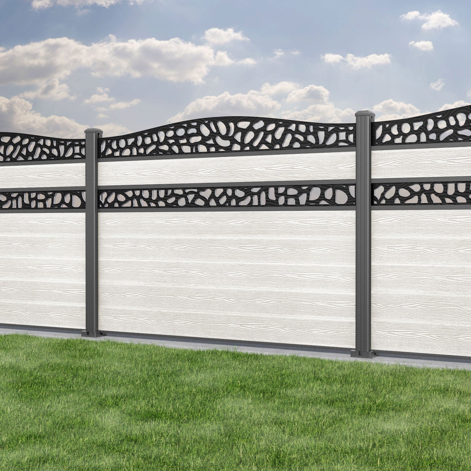 Classic Pebble Curved Top Split Screen Fence Panel - Light Stone - with our aluminium posts