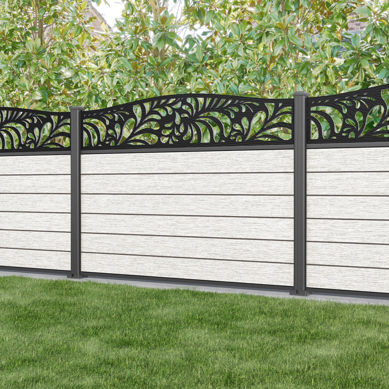 Fusion Petal Curved Top Fence Panel - Light Stone - with our aluminium posts