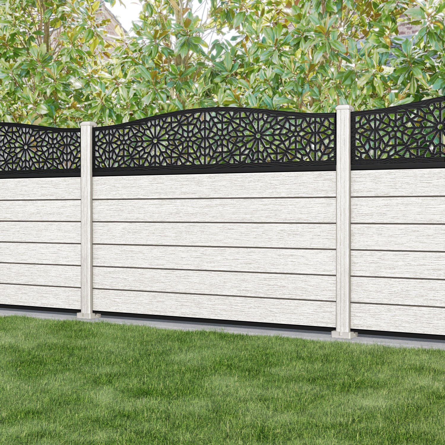 Fusion Alnara Curved Top Fence Panel - Light Stone - with our composite posts