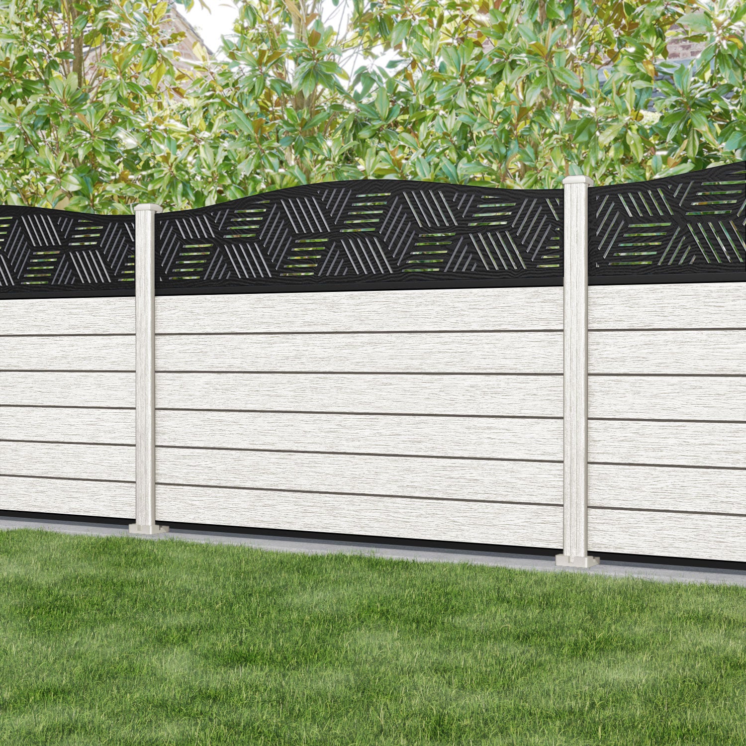 Fusion Cubed Curved Top Fence Panel - Light Stone - with our composite posts