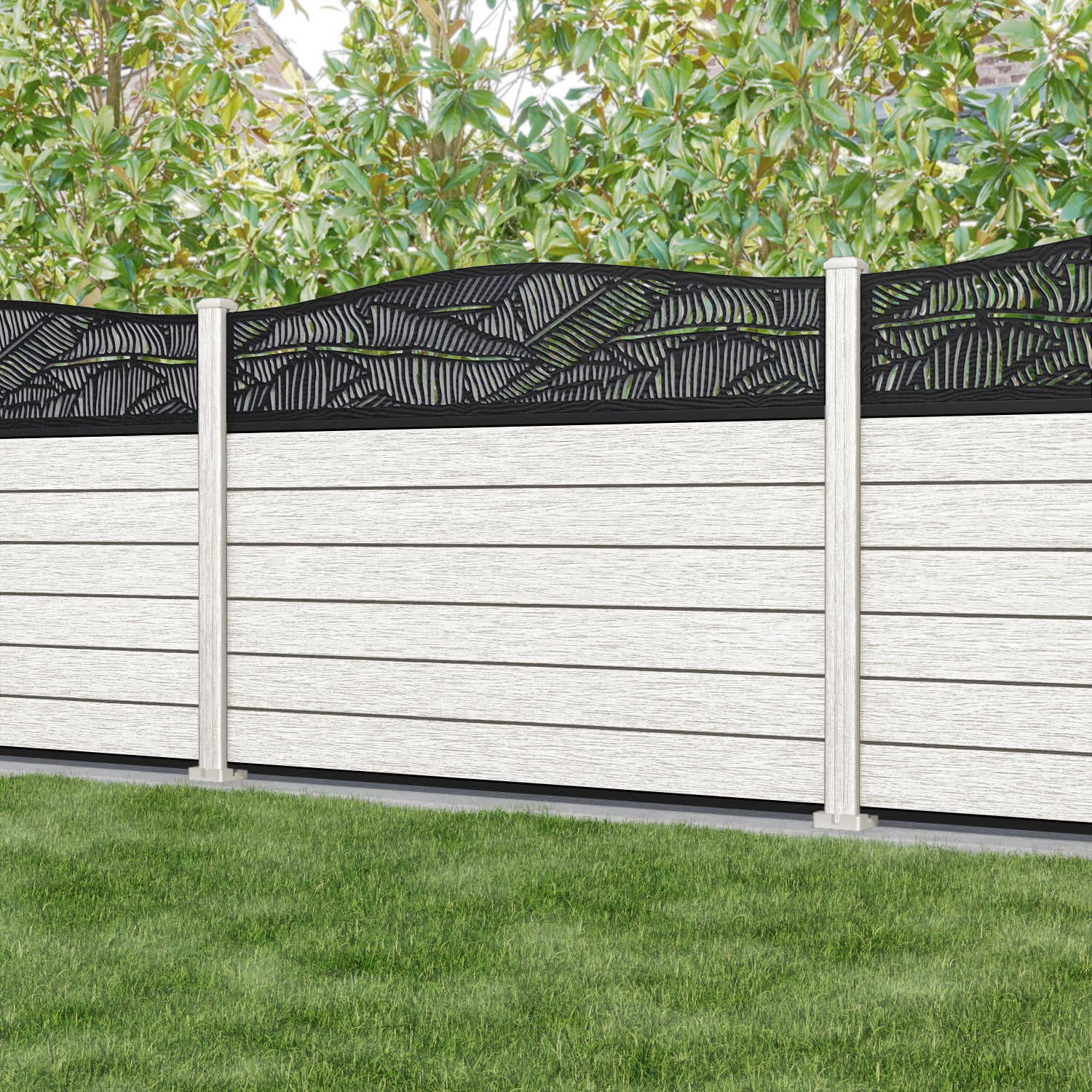 Fusion Feather Curved Top Fence Panel - Light Stone - with our composite posts