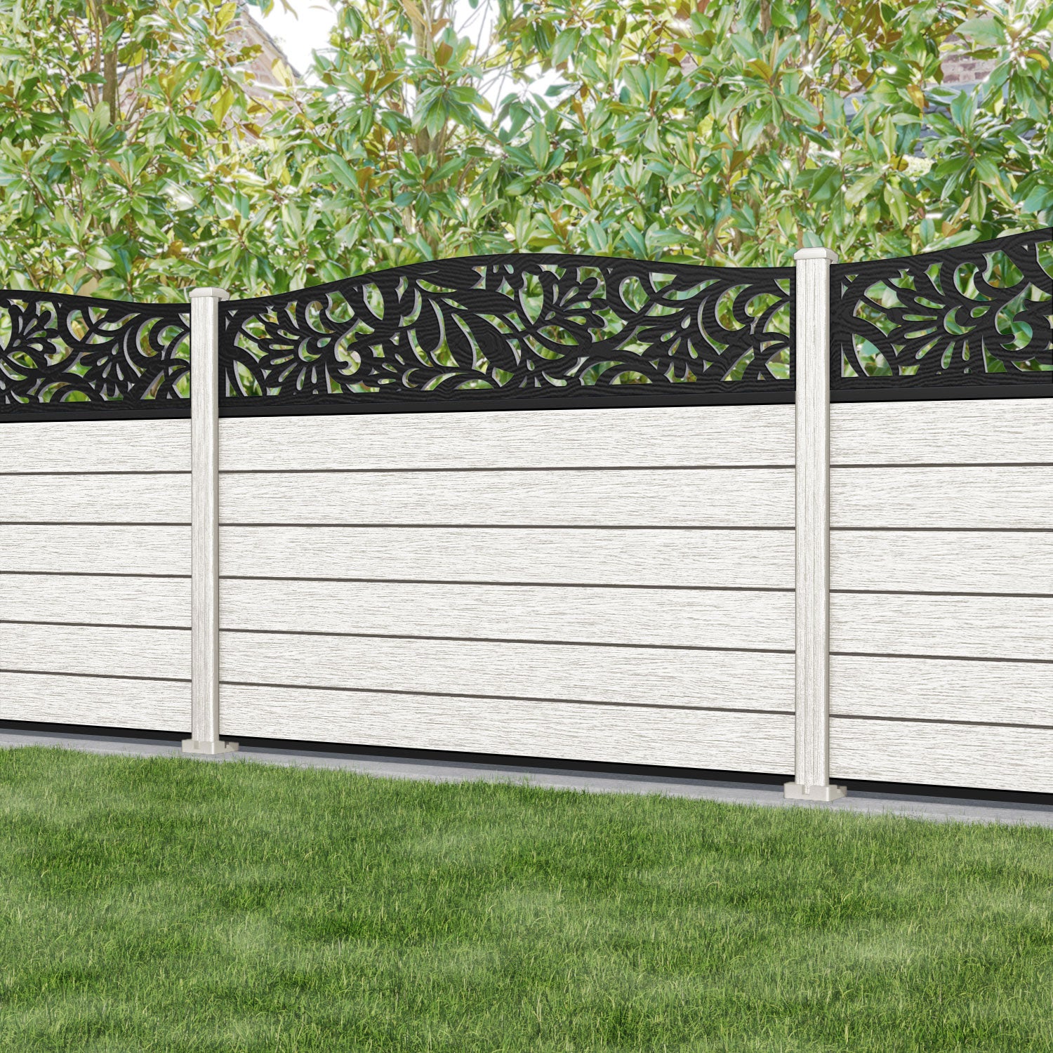 Fusion Heritage Curved Top Fence Panel - Light Stone - with our composite posts
