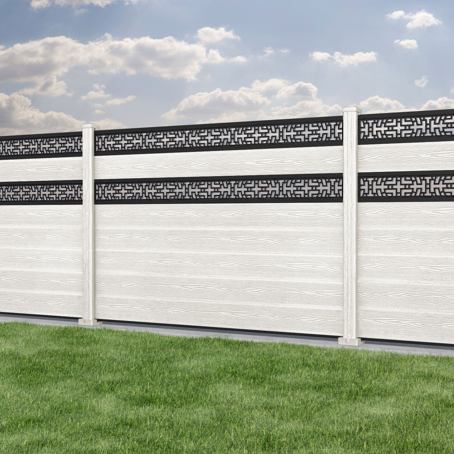 Classic Kumo Split Screen Fence Panel - Light Stone - with our composite posts