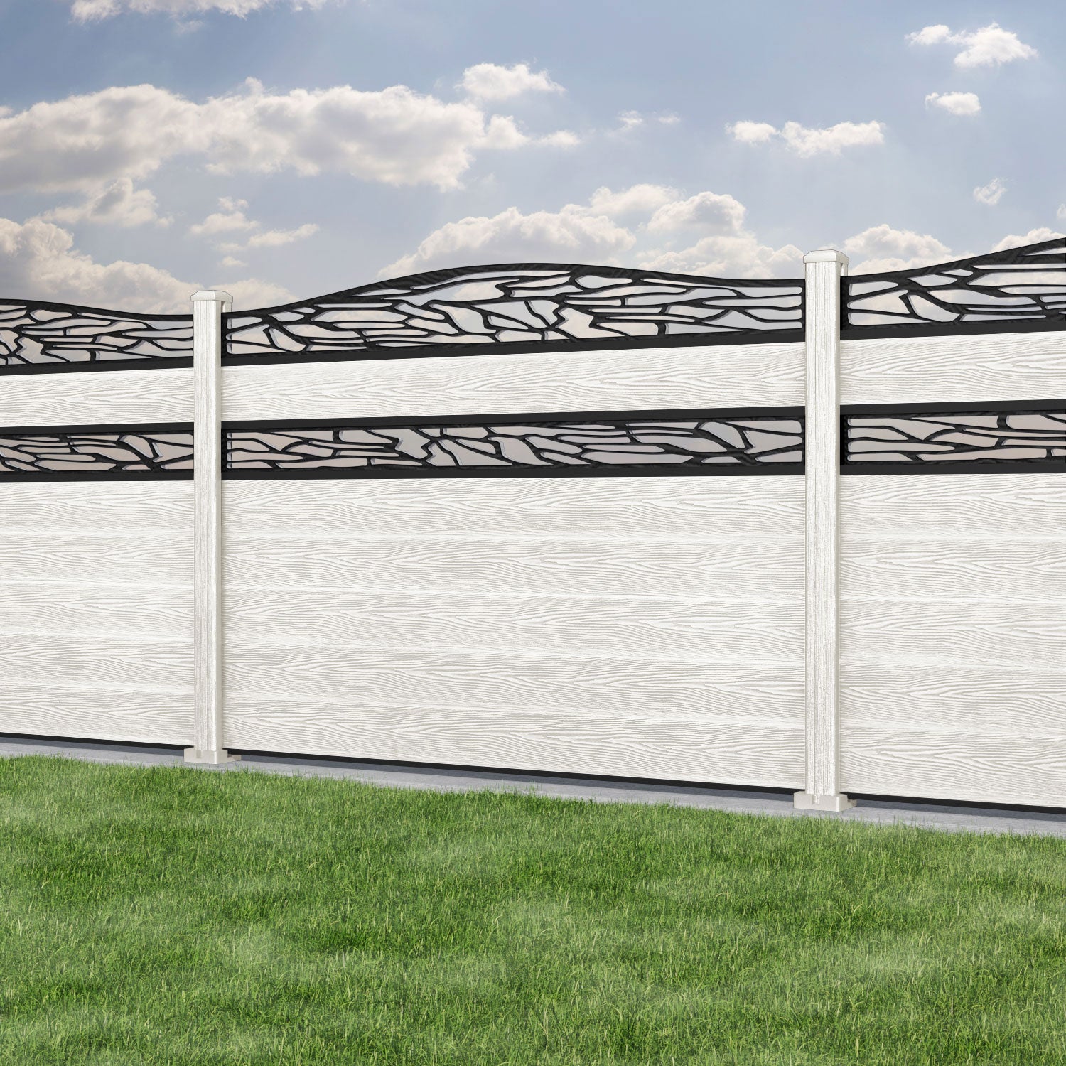 Classic Shatter Curved Top Split Screen Fence Panel - Light Stone - with our composite posts