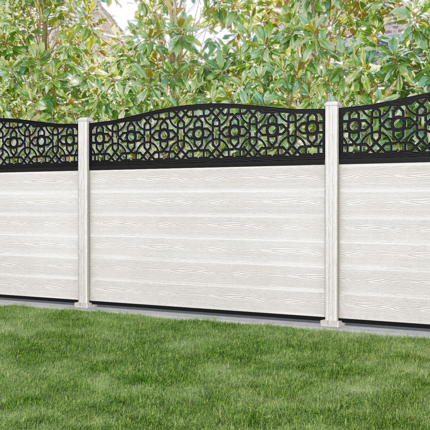 Classic Nabila Curved Top Fence Panel - Light Stone - with our composite posts