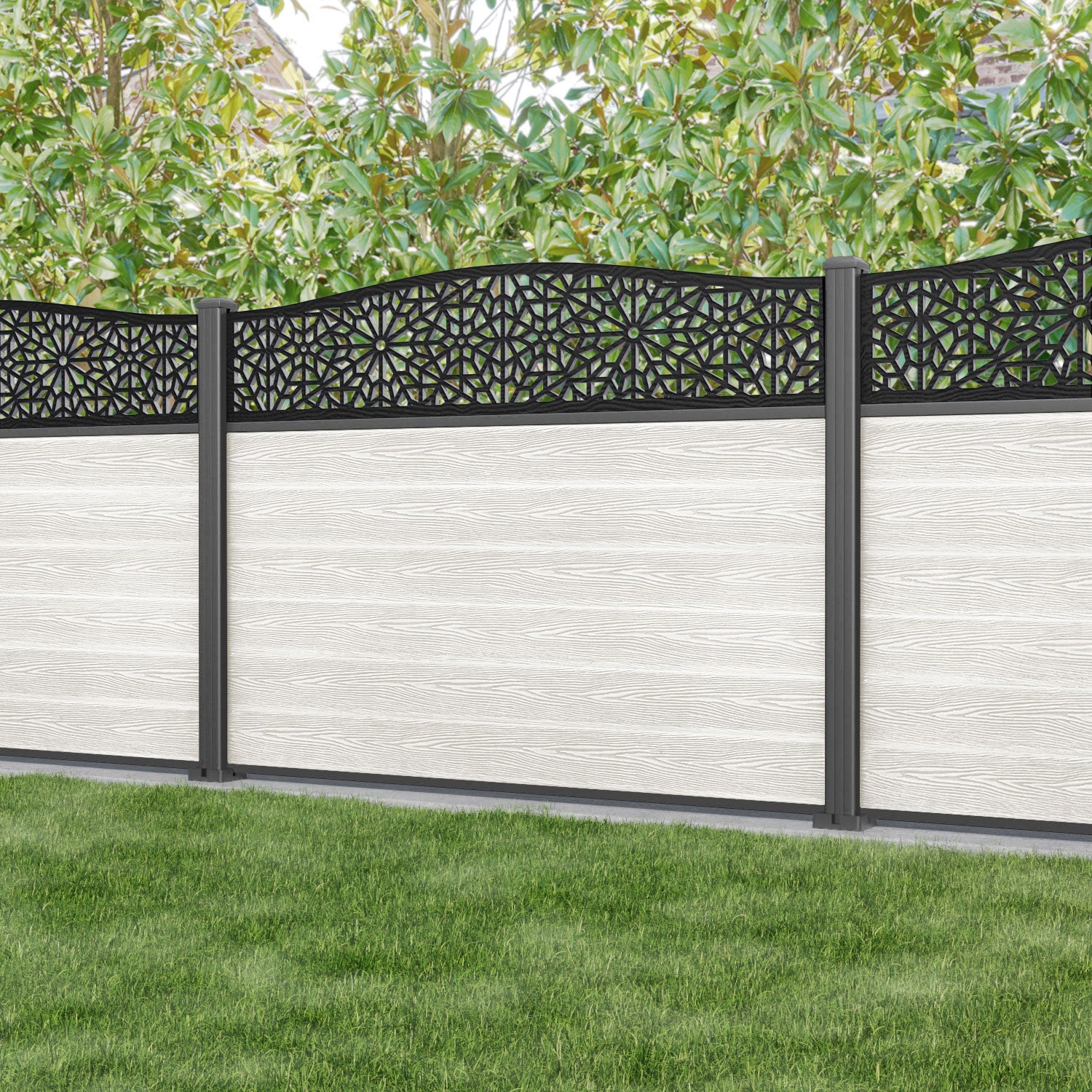 Classic Alnara Curved Top Fence Panel - Light Stone - with our aluminium posts