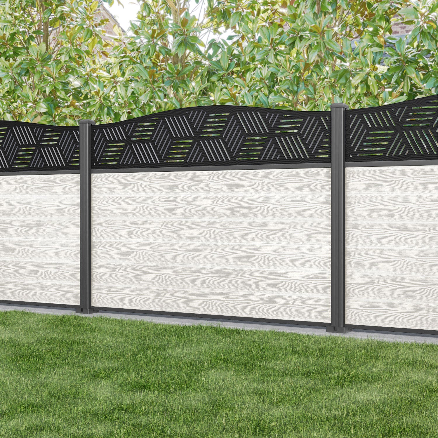 Classic Cubed Curved Top Fence Panel - Light Stone - with our aluminium posts