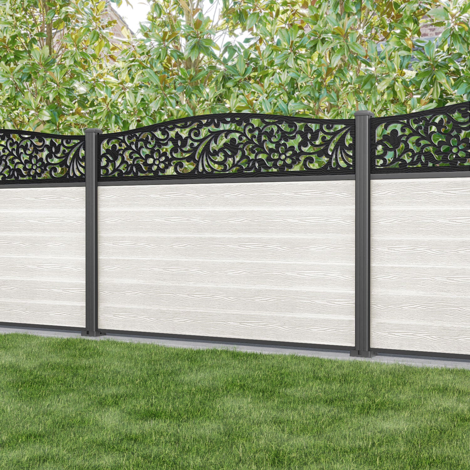 Classic Eden Curved Top Fence Panel - Light Stone - with our aluminium posts