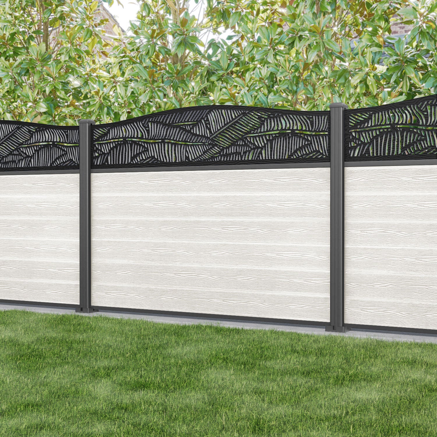 Classic Feather Curved Top Fence Panel - Light Stone - with our aluminium posts