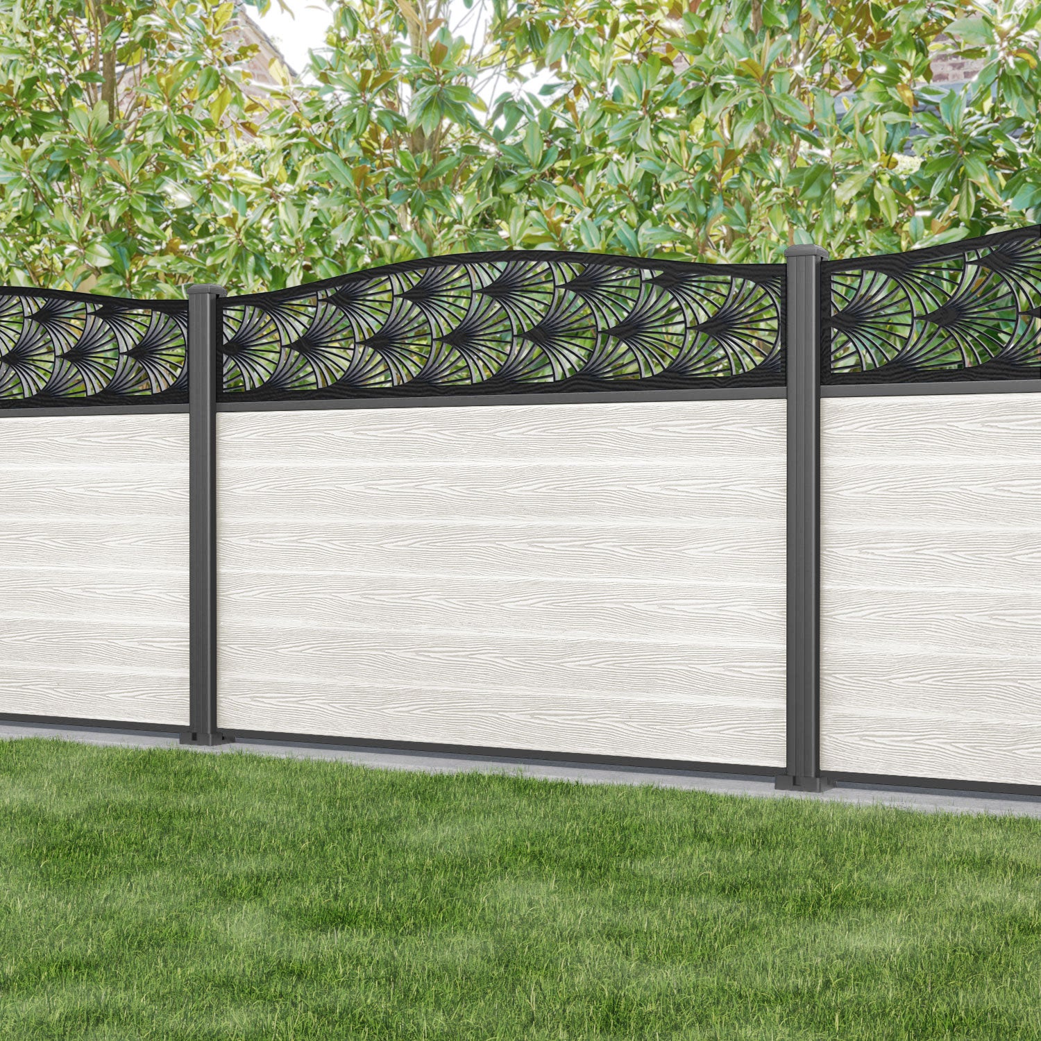 Classic Laurel Curved Top Fence Panel - Light Stone - with our aluminium posts