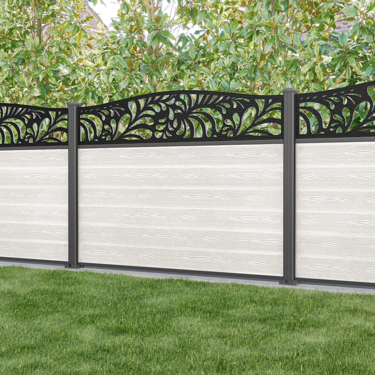 Classic Petal Curved Top Fence Panel - Light Stone - with our aluminium posts