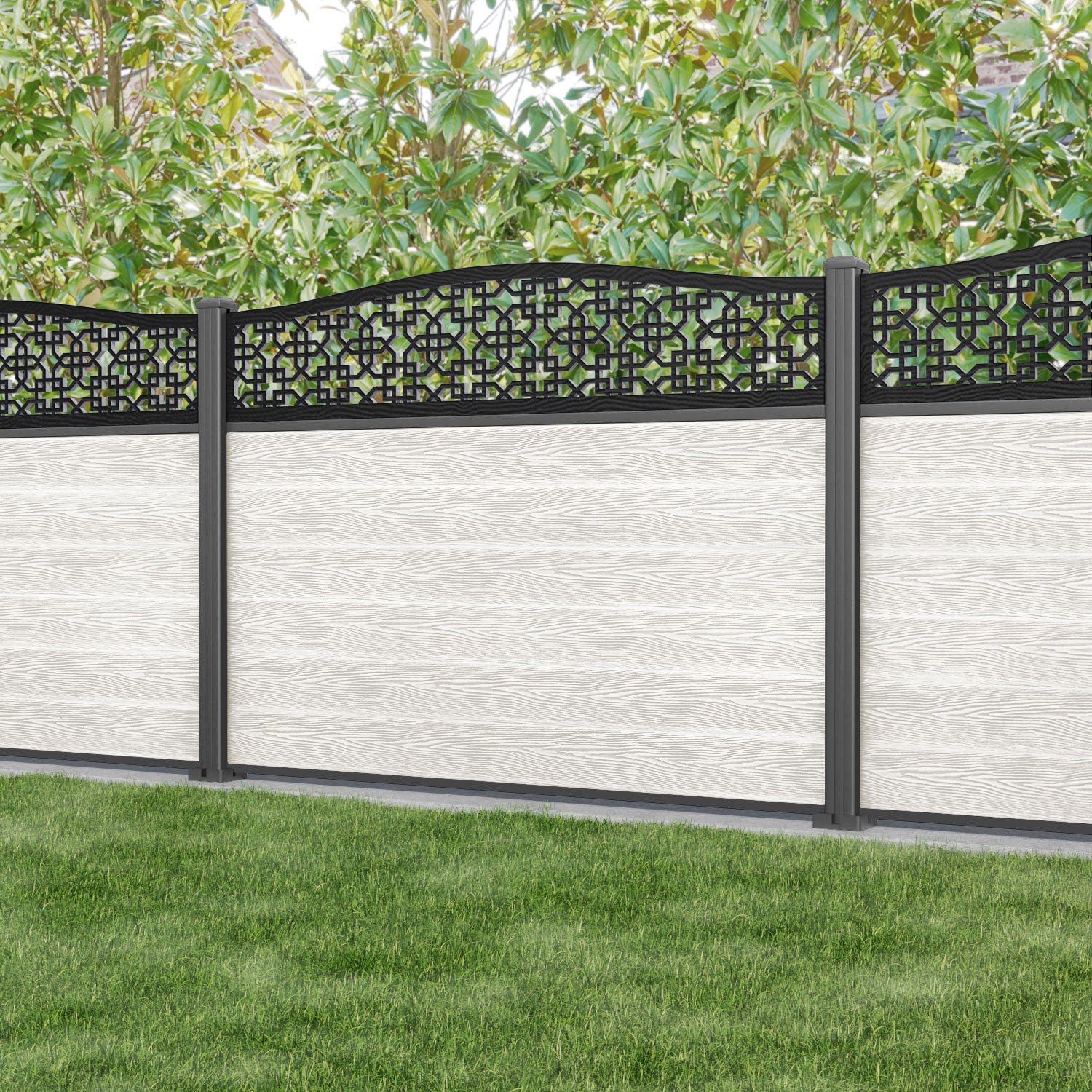 Classic Zaria Curved Top Fence Panel - Light Stone - with our aluminium posts