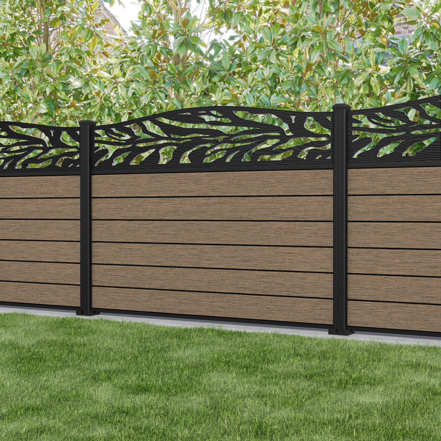 Fusion Malawi Curved Top Fence Panel - Teak - with our aluminium posts