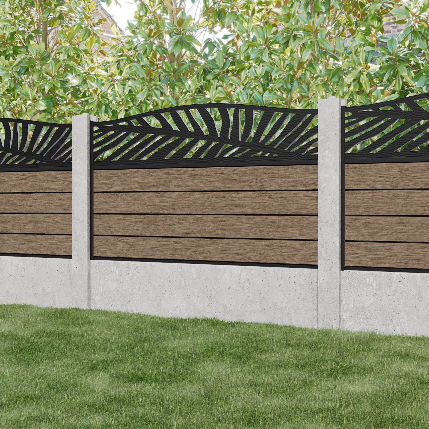 Fusion Palm Curved Top Fence Panel - Teak - for existing concrete posts