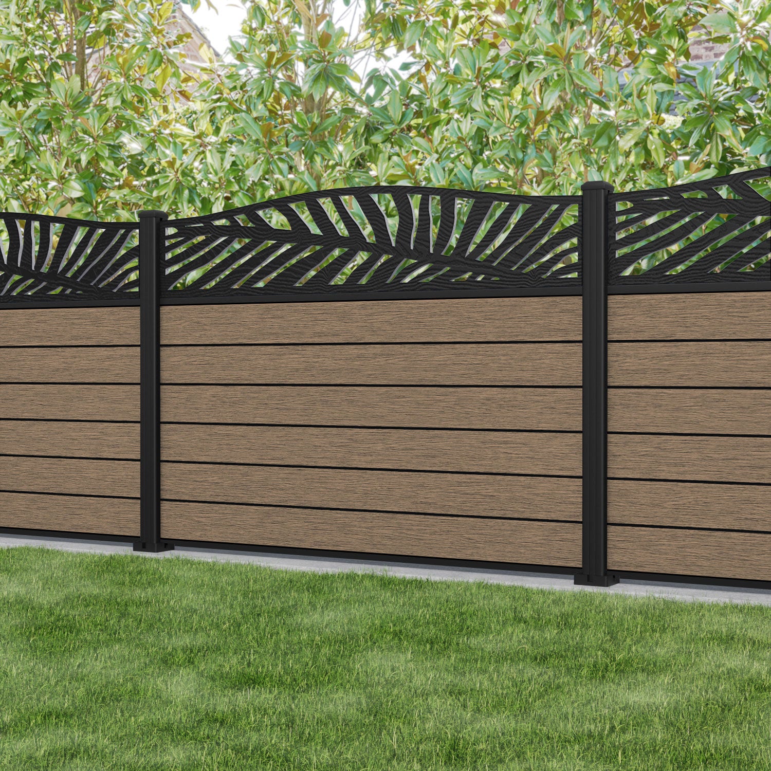 Fusion Palm Curved Top Fence Panel - Teak - with our aluminium posts