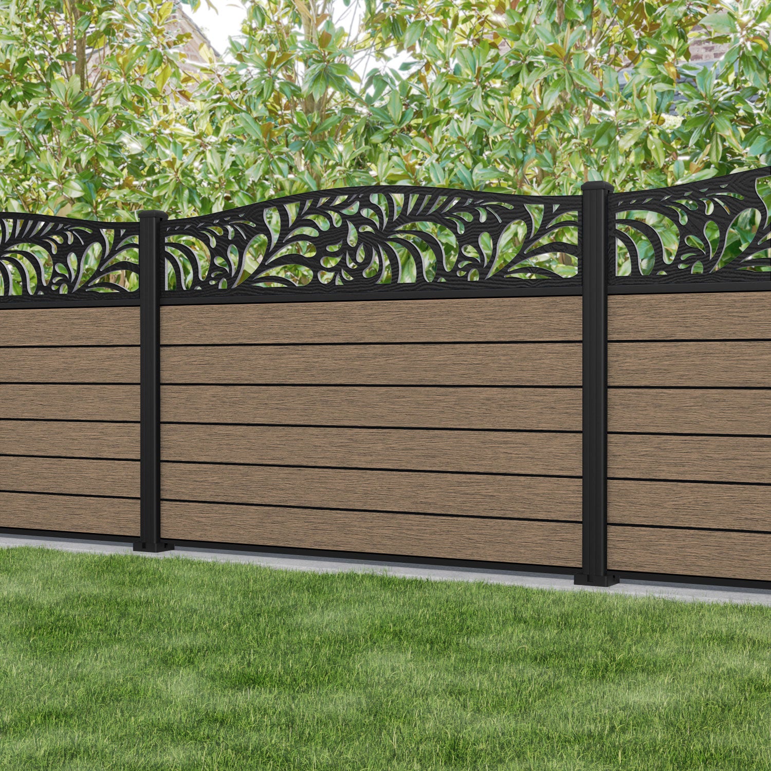 Fusion Petal Curved Top Fence Panel - Teak - with our aluminium posts