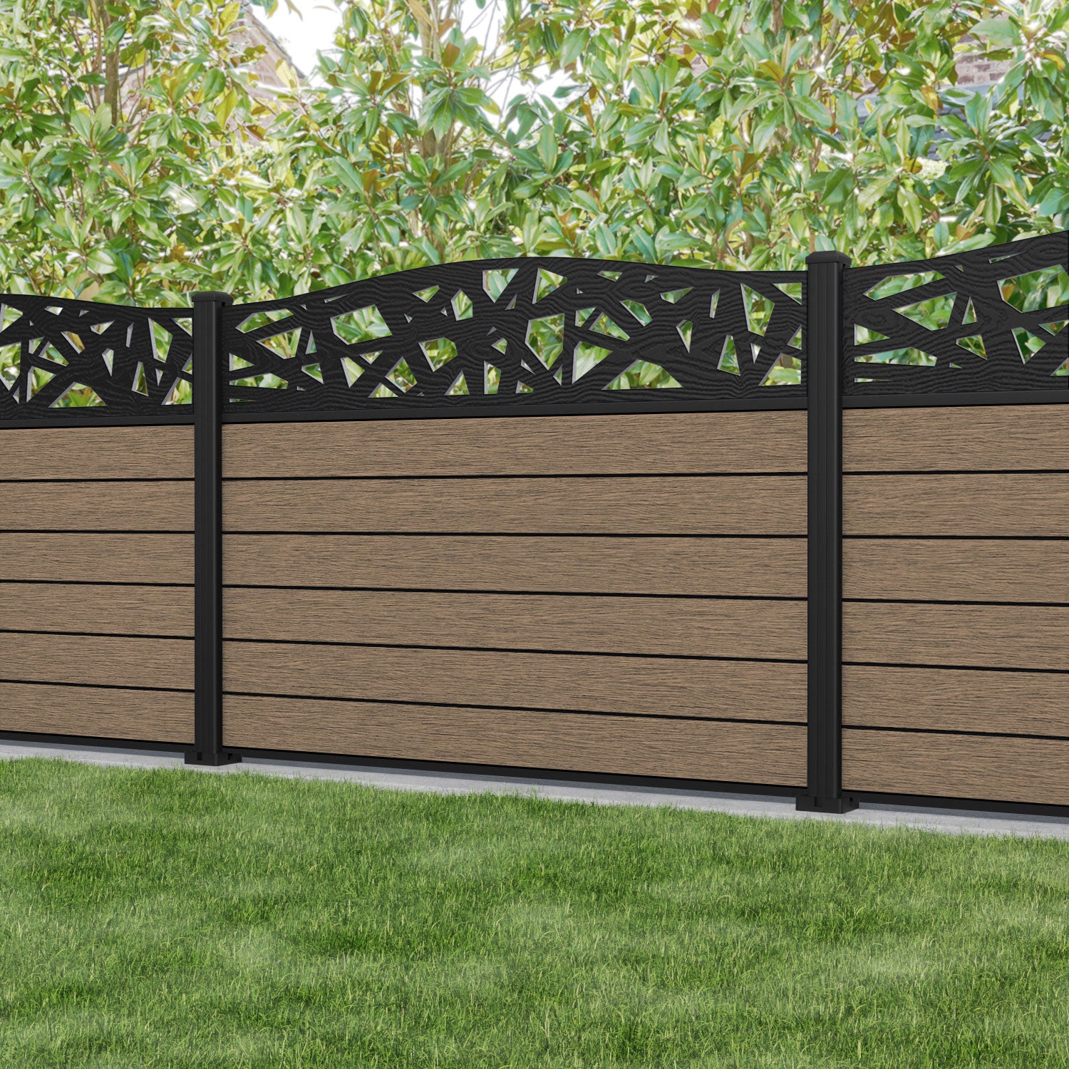Fusion Prism Curved Top Fence Panel - Teak - with our aluminium posts