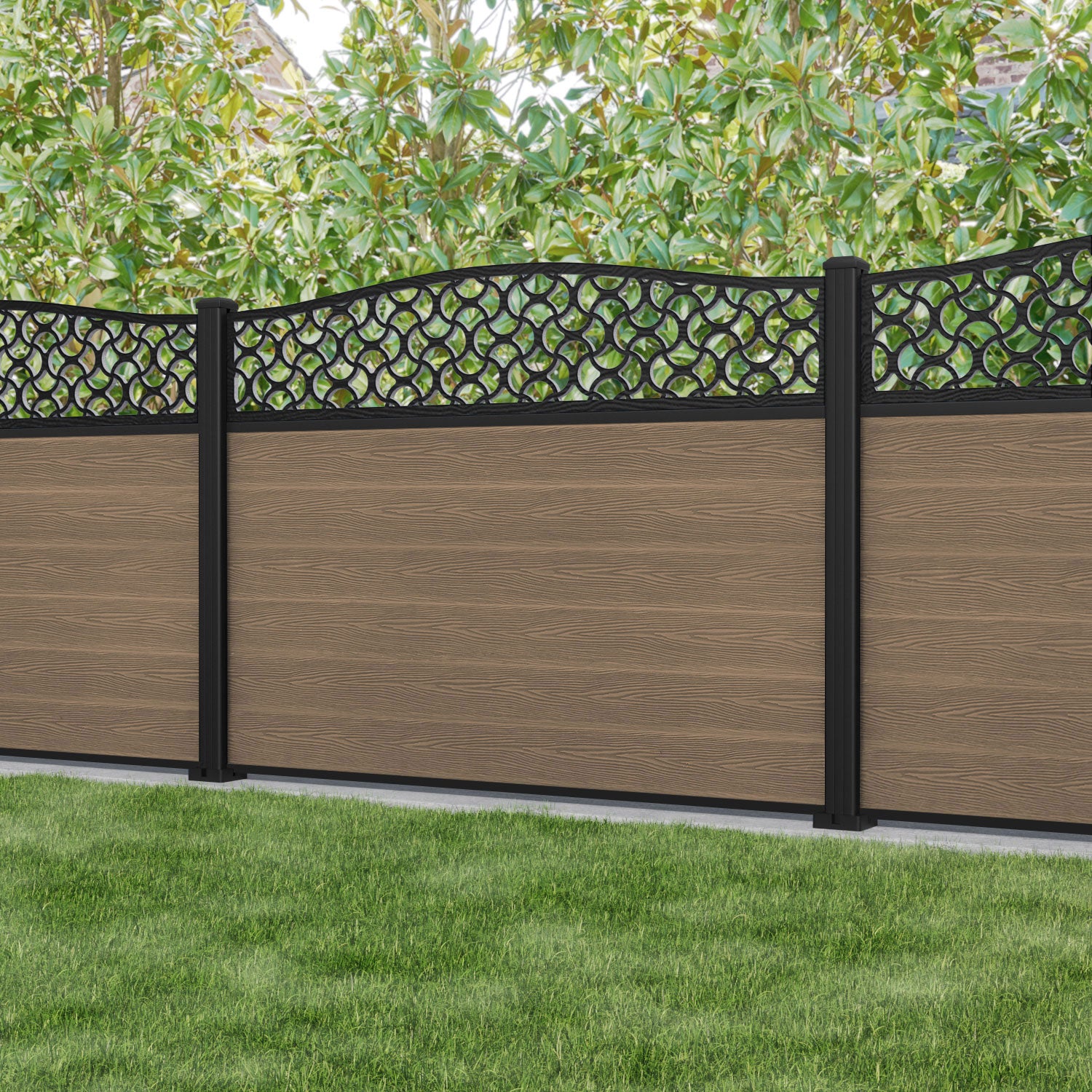 Classic Vida Curved Top Fence Panel - Teak - with our aluminium posts