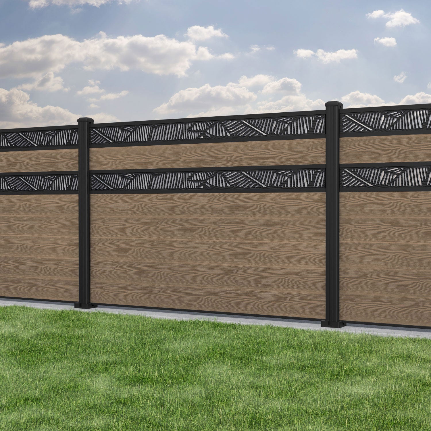 Classic Feather Split Screen Fence Panel - Teak - with our aluminium posts