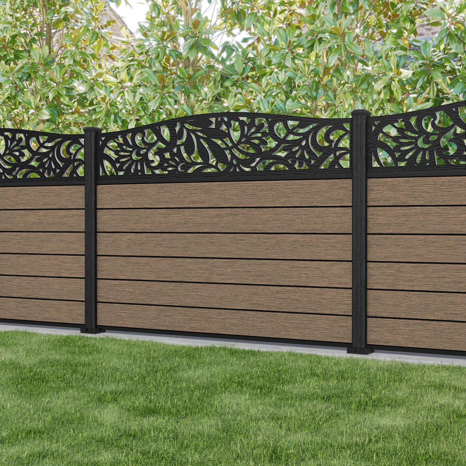 Fusion Heritage Curved Top Fence Panel - Teak - with our composite posts