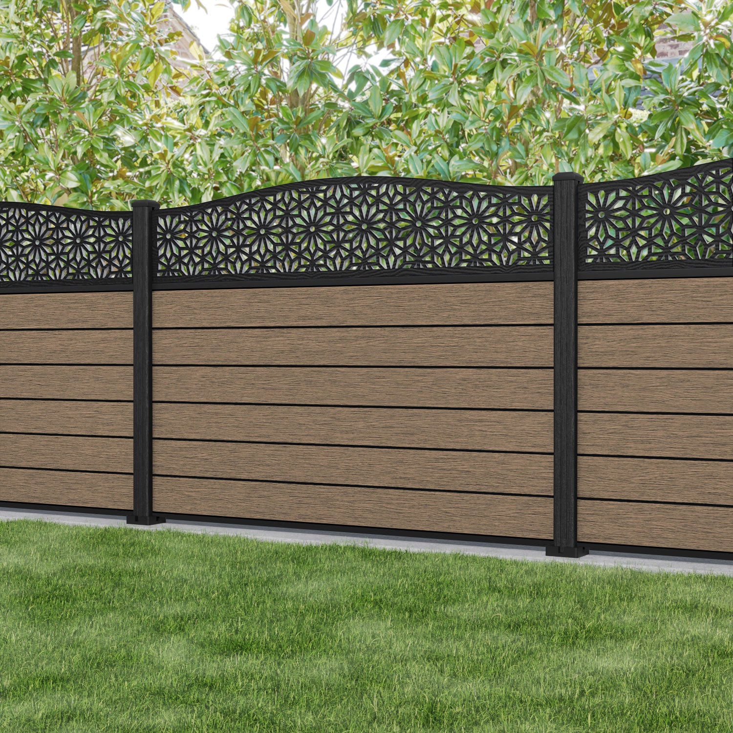 Fusion Narwa Curved Top Fence Panel - Teak - with our composite posts