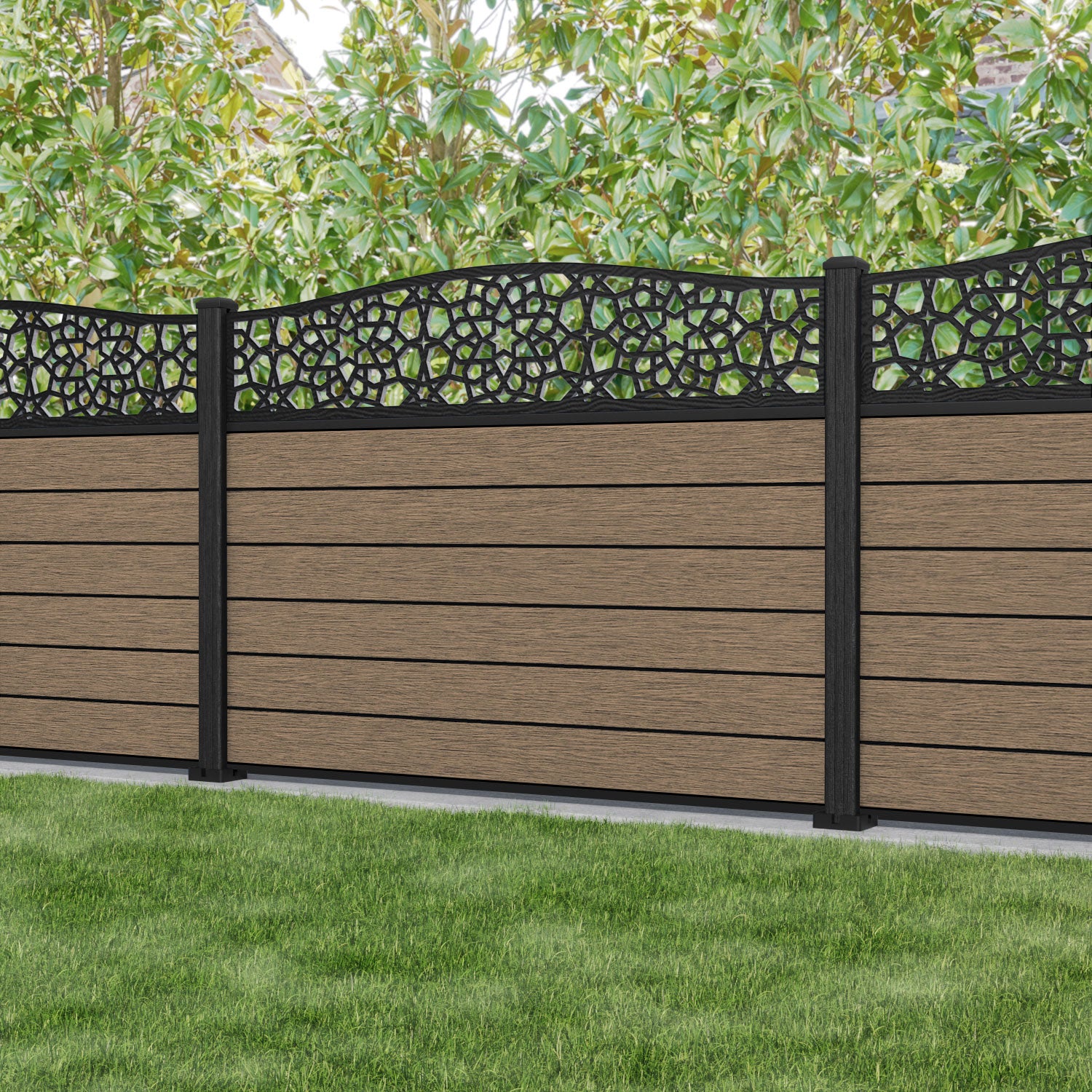 Fusion Nazira Curved Top Fence Panel - Teak - with our composite posts