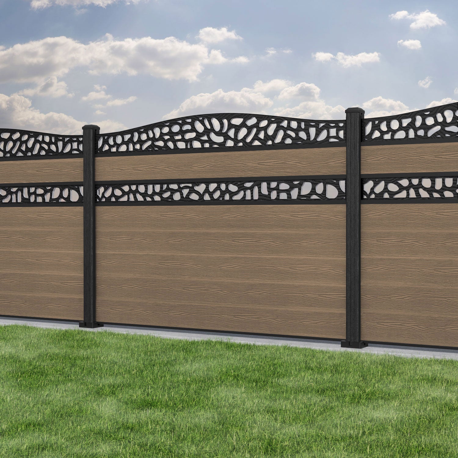 Classic Pebble Curved Top Split Screen Fence Panel - Teak - with our composite posts