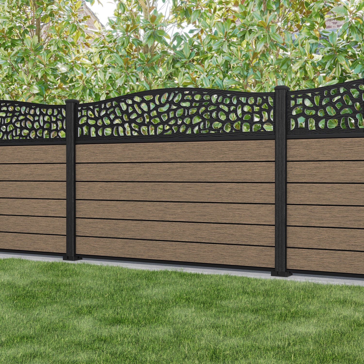 Fusion Pebble Curved Top Fence Panel - Teak - with our composite posts