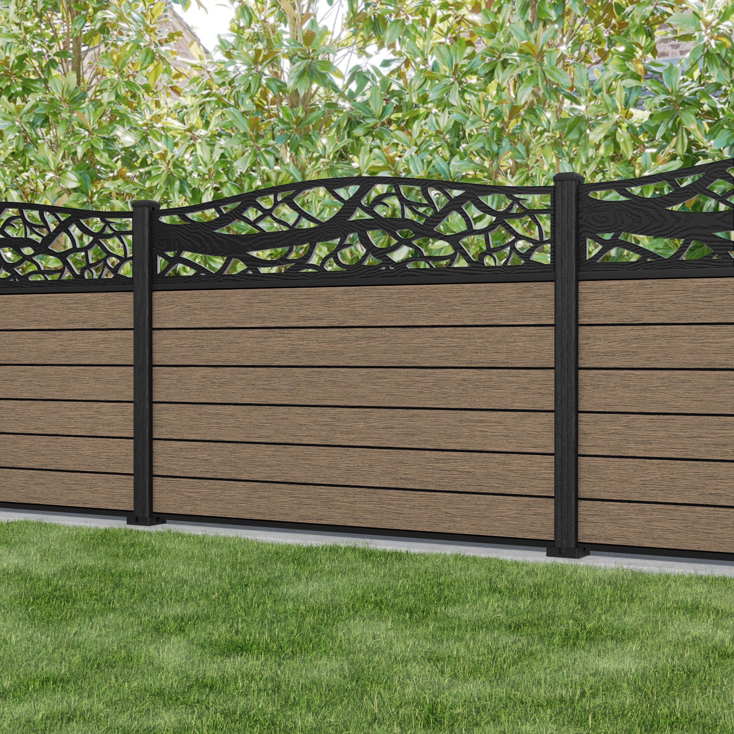 Fusion Twilight Curved Top Fence Panel - Teak - with our composite posts