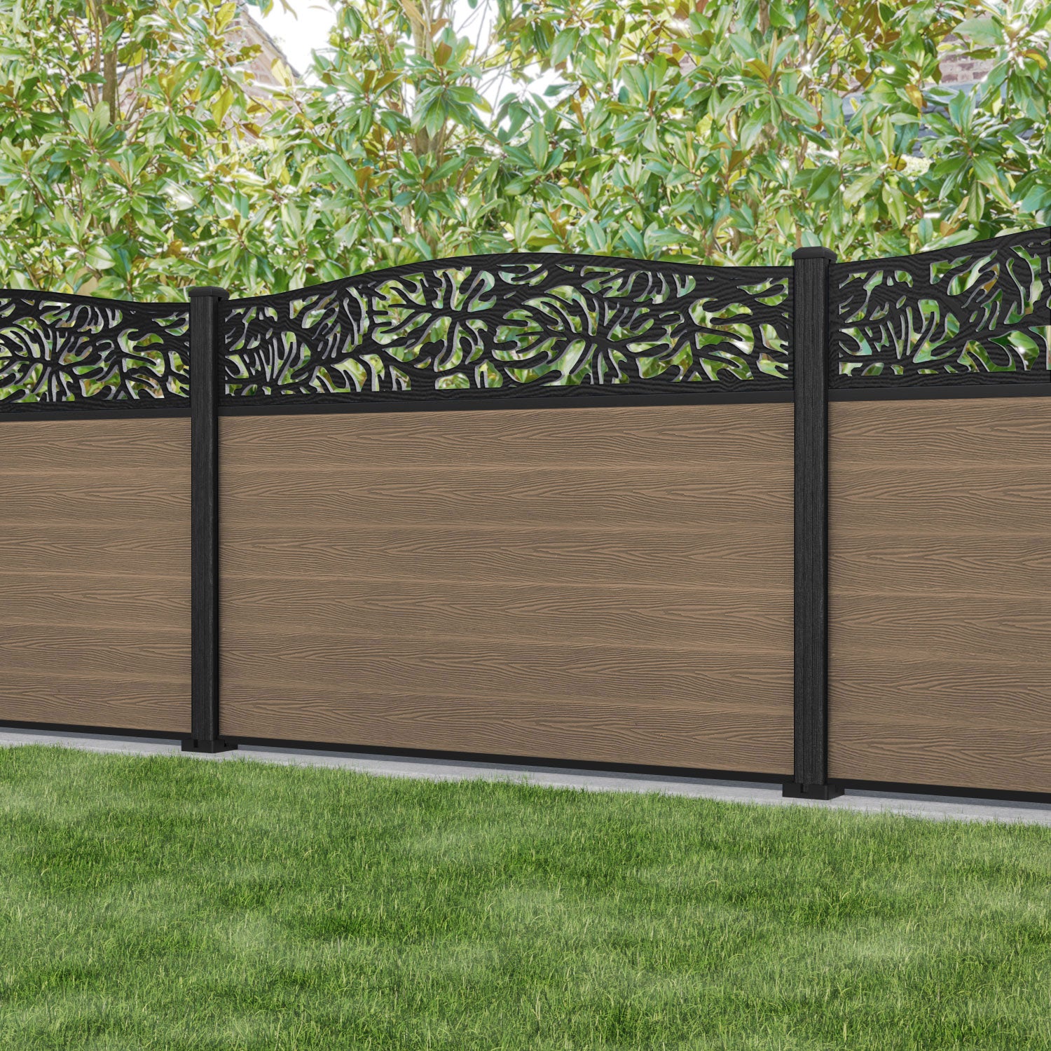 Fusion Botanic Curved Top Fence Panel - Teak - with our composite posts