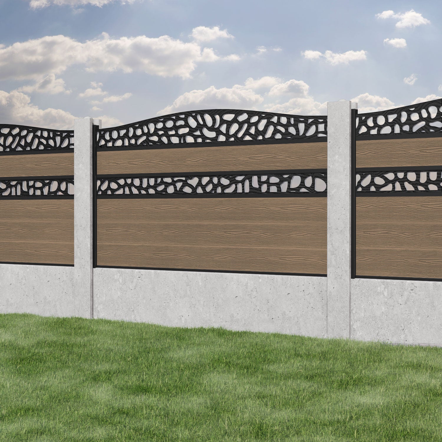 Classic Pebble Curved Top Split Screen Fence Panel - Teak - for existing concrete posts