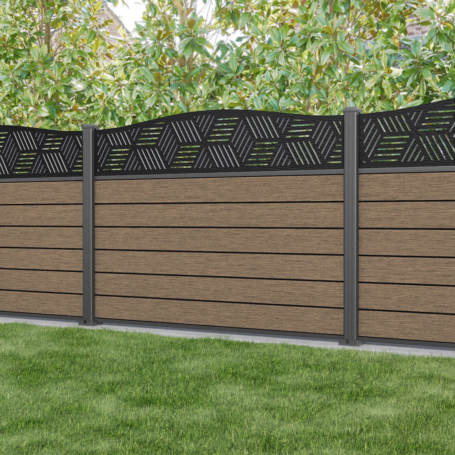 Fusion Cubed Curved Top Fence Panel - Teak - with our aluminium posts