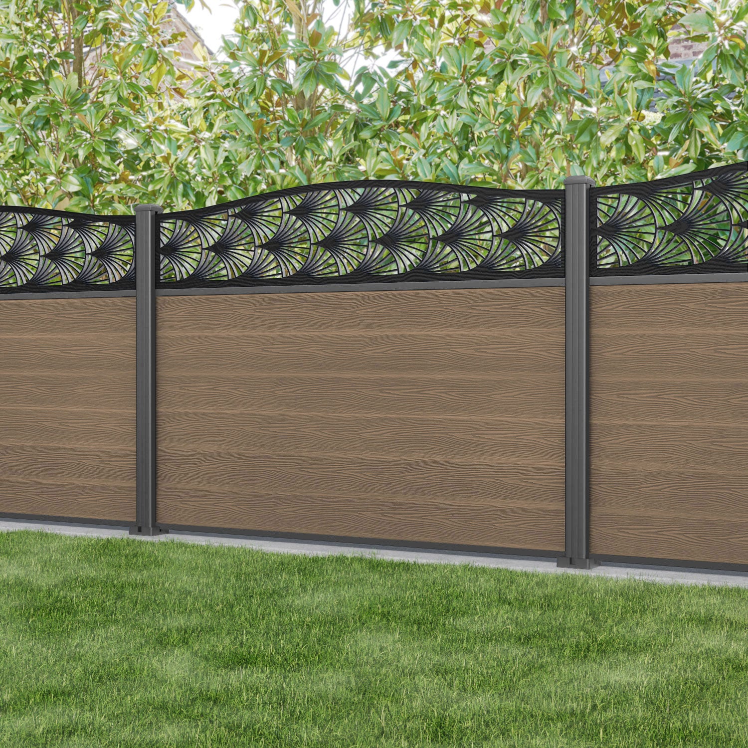 Fusion Laurel Curved Top Fence Panel - Teak - with our aluminium posts
