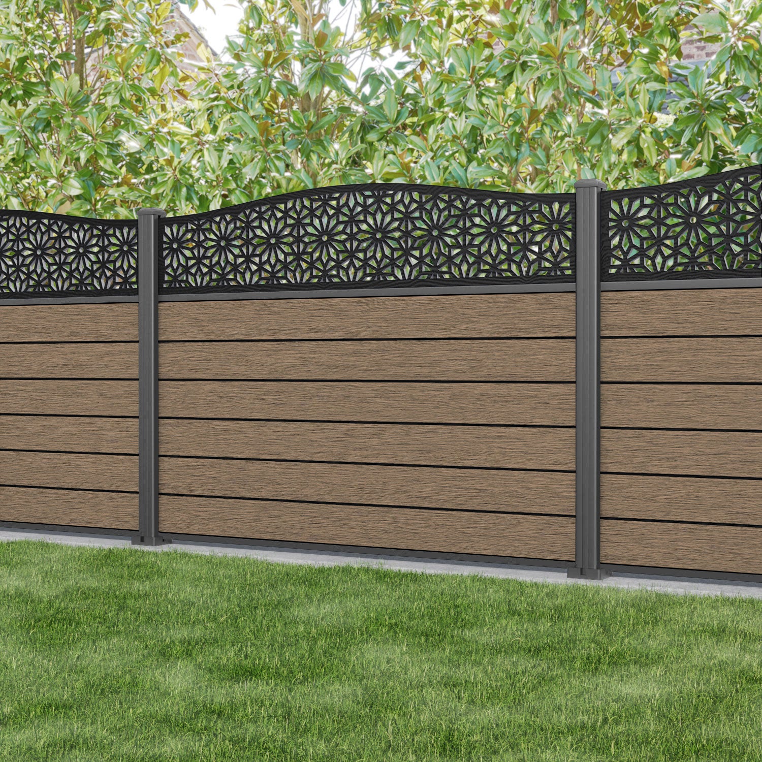 Fusion Narwa Curved Top Fence Panel - Teak - with our aluminium posts