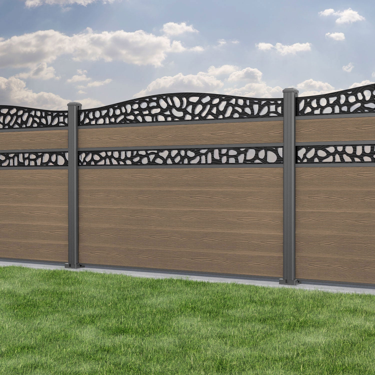 Classic Pebble Curved Top Split Screen Fence Panel - Teak - with our aluminium posts