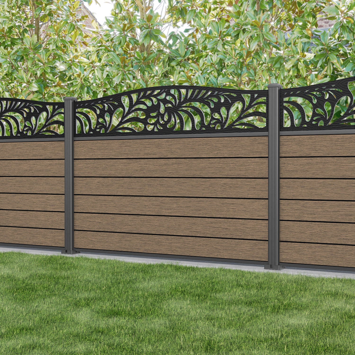 Fusion Petal Curved Top Fence Panel - Teak - with our aluminium posts