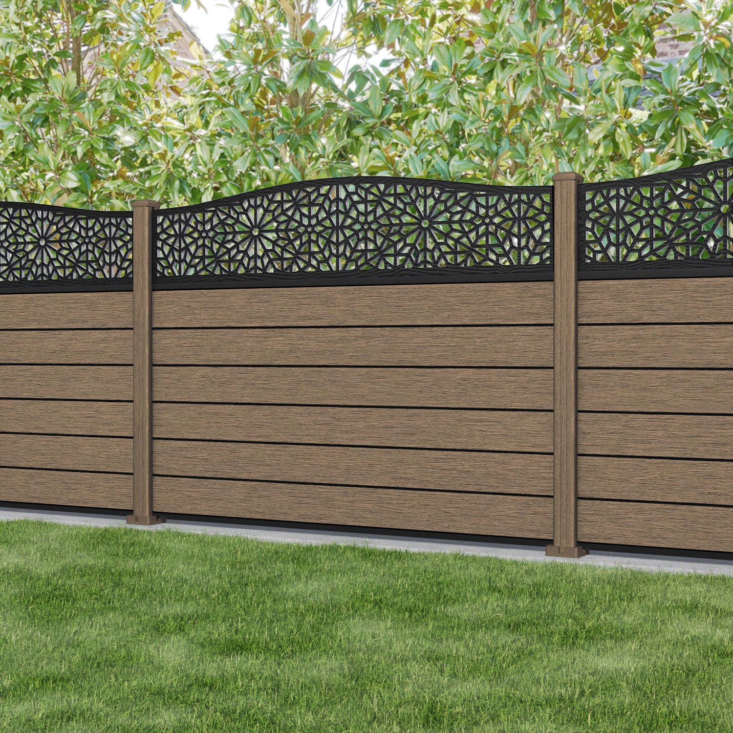 Fusion Alnara Curved Top Fence Panel - Teak - with our composite posts