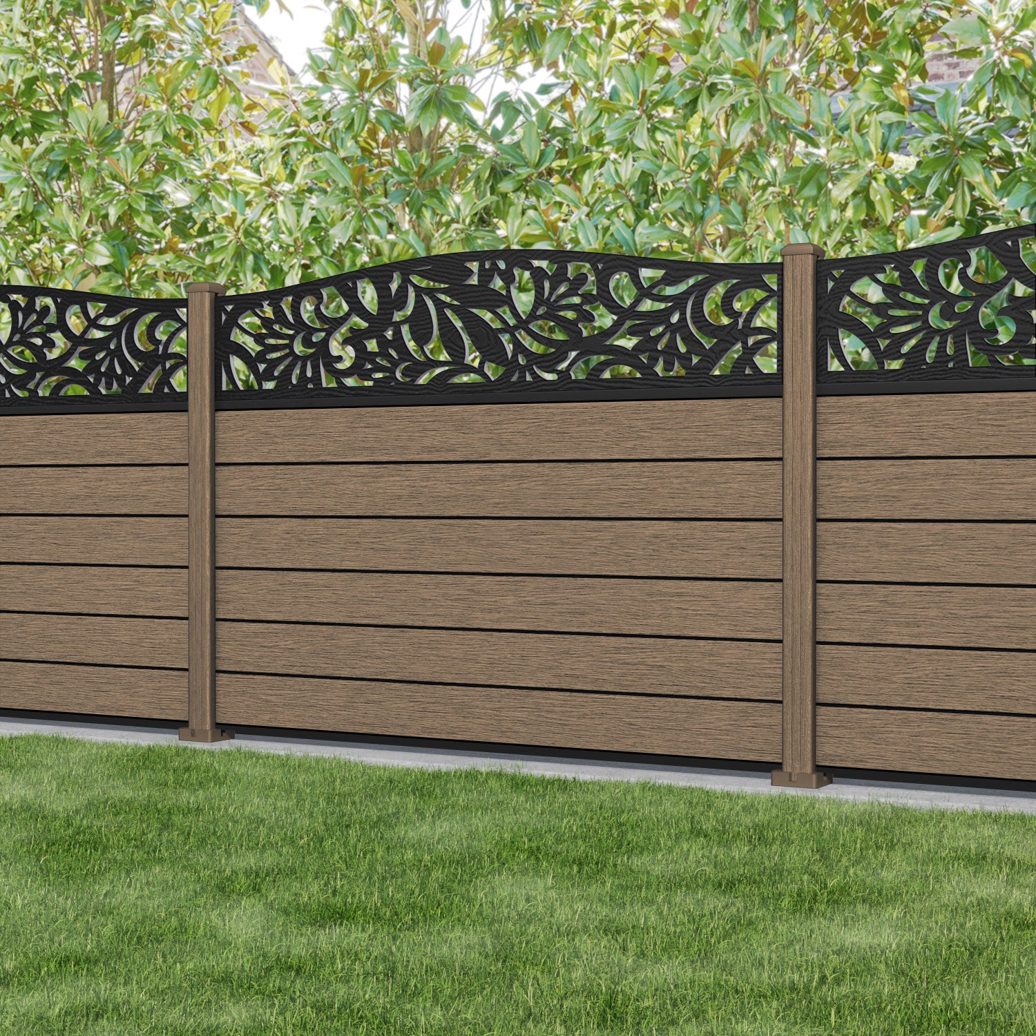 Fusion Heritage Curved Top Fence Panel - Teak - with our composite posts