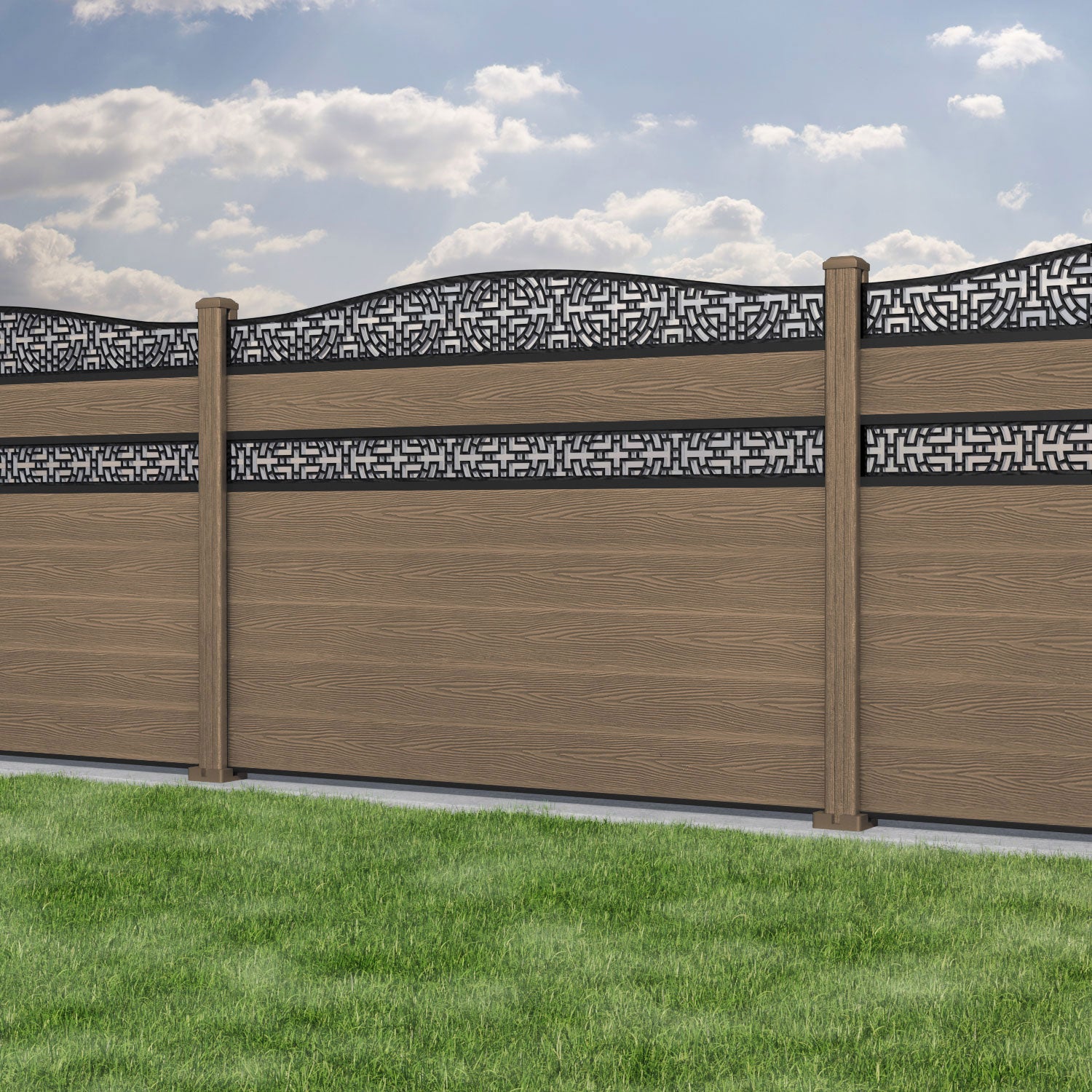 Classic Kumo Curved Top Split Screen Fence Panel - Teak - with our composite posts