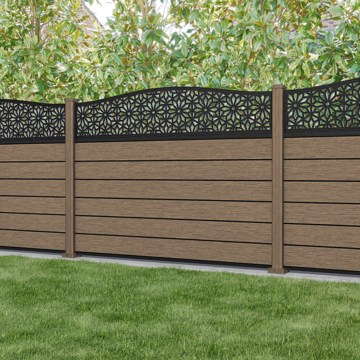 Fusion Narwa Curved Top Fence Panel - Teak - with our composite posts