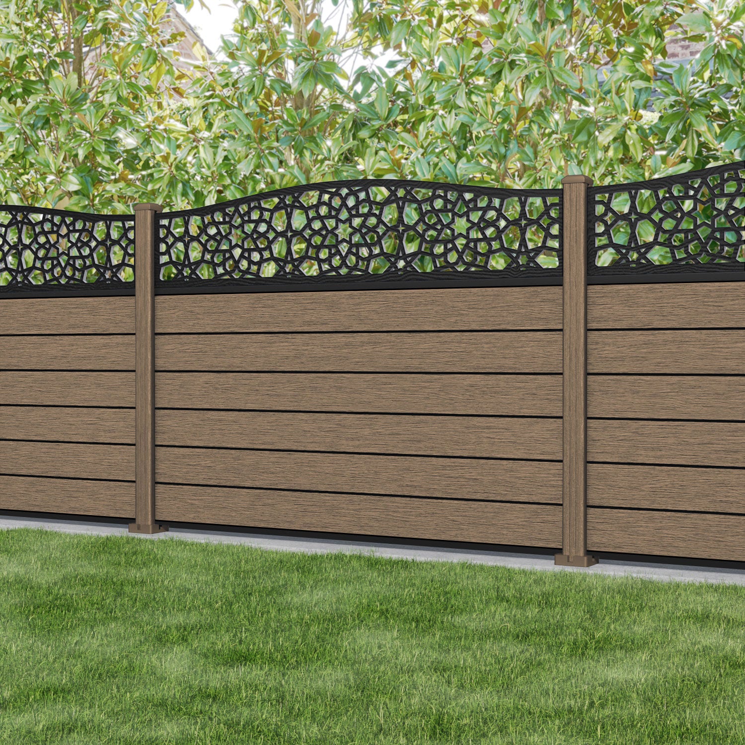 Fusion Nazira Curved Top Fence Panel - Teak - with our composite posts