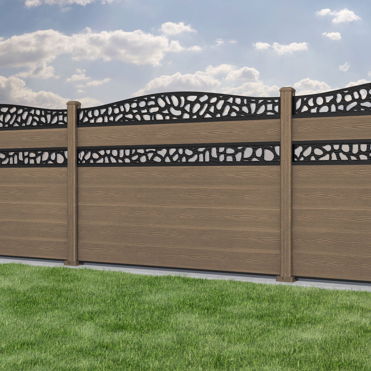 Classic Pebble Curved Top Split Screen Fence Panel - Teak - with our composite posts